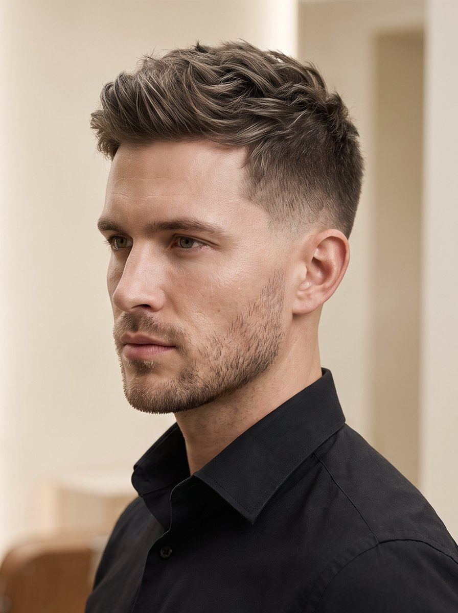 Man with a styled textured haircut, fade and neatly trimmed beard